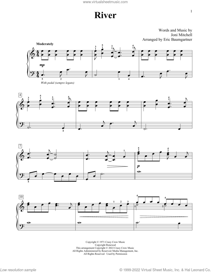 River (arr. Eric Baumgartner) sheet music for piano solo (elementary) by Joni Mitchell, Eric Baumgartner and Linda Ronstadt, beginner piano (elementary)