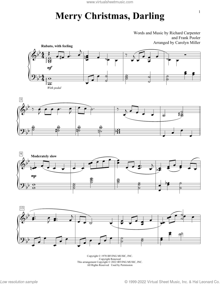 Merry Christmas, Darling (arr. Carolyn Miller) sheet music for piano solo (elementary) by Carpenters, Carolyn Miller, Frank Pooler and Richard Carpenter, beginner piano (elementary)