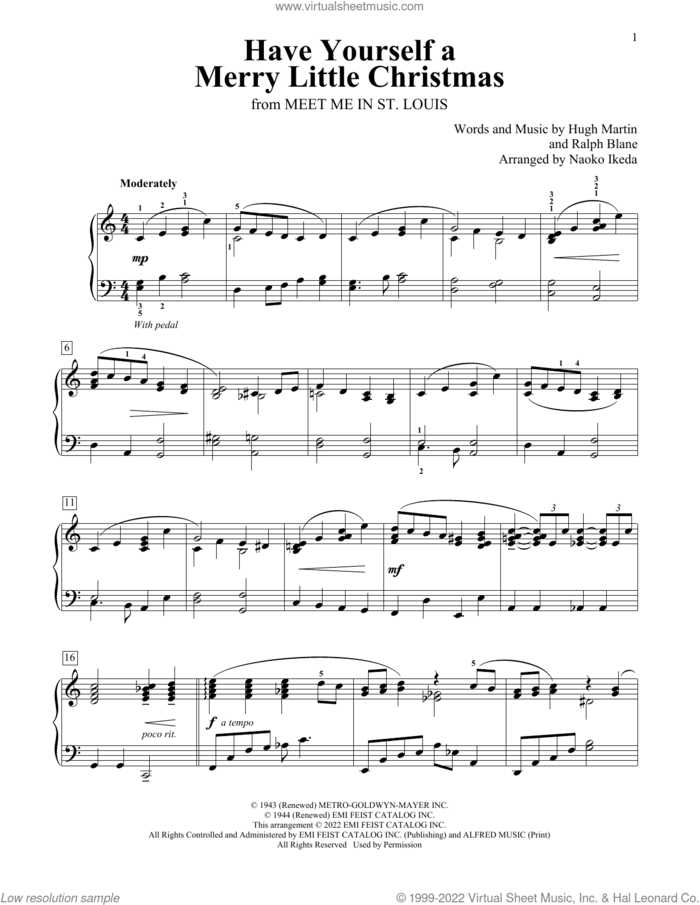 Have Yourself A Merry Little Christmas (arr. Naoko Ikeda) sheet music for piano solo (elementary) by Hugh Martin, Naoko Ikeda and Ralph Blane, beginner piano (elementary)