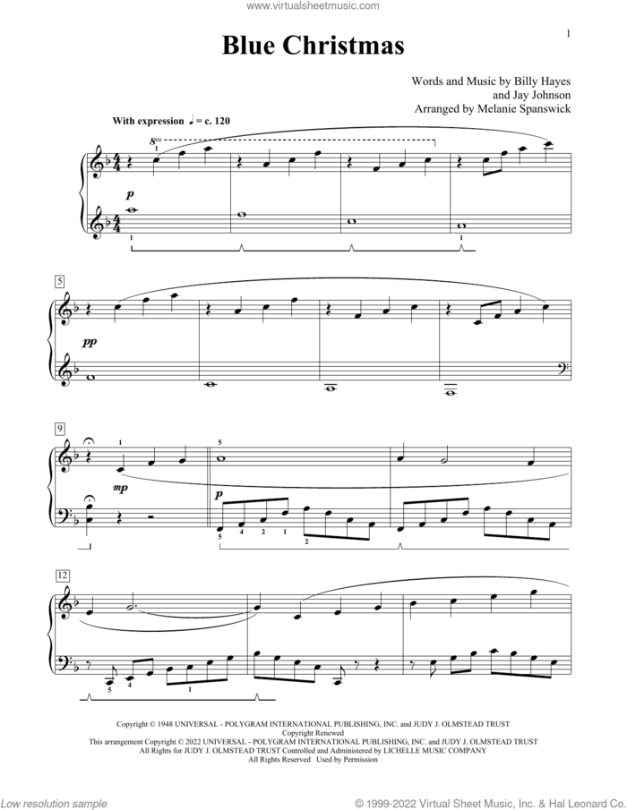 Blue Christmas (arr. Melanie Spanswick) sheet music for piano solo (elementary) by Elvis Presley, Melanie Spanswick, Billy Hayes and Jay Johnson, beginner piano (elementary)