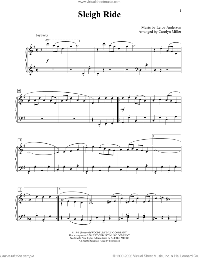Sleigh Ride (arr. Carolyn Miller) sheet music for piano solo (elementary) by Mitchell Parish, Carolyn Miller and Leroy Anderson, beginner piano (elementary)