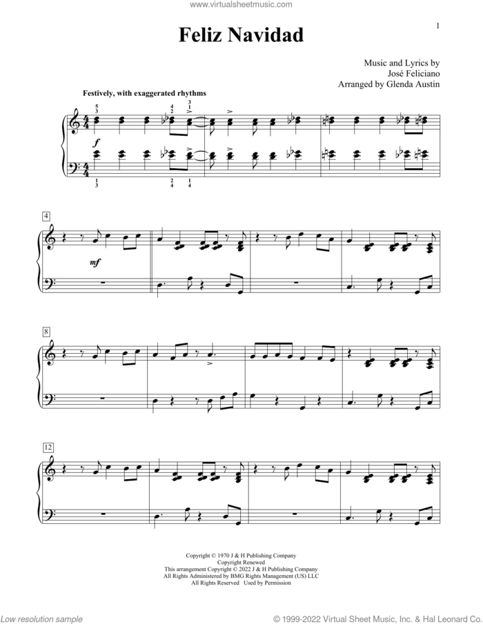 Feliz Navidad (arr. Glenda Austin) sheet music for piano solo (elementary) by Jose Feliciano and Glenda Austin, beginner piano (elementary)