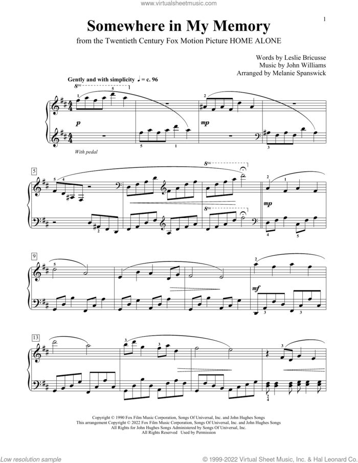 Somewhere In My Memory (from Home Alone) (arr. Melanie Spanswick) sheet music for piano solo (elementary) by John Williams, Melanie Spanswick and Leslie Bricusse, beginner piano (elementary)
