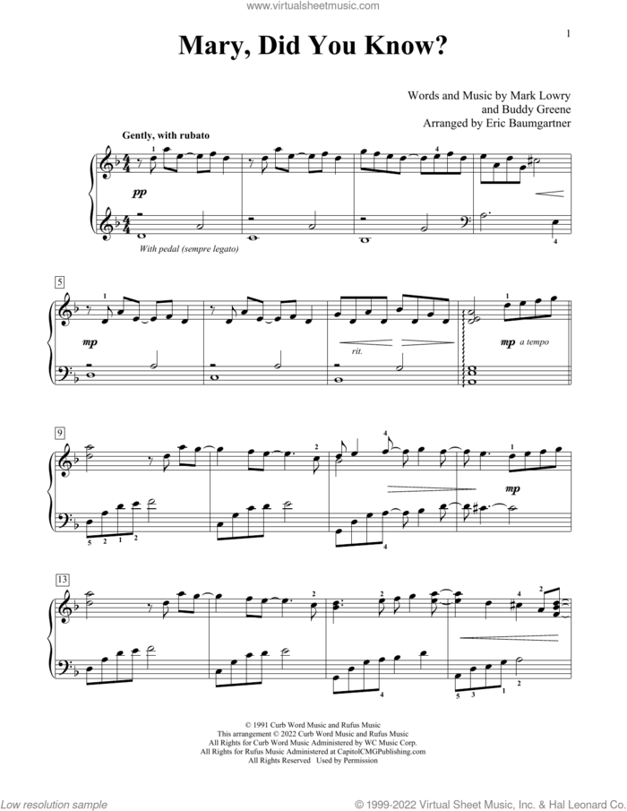 Mary, Did You Know? (arr. Eric Baumgartner) sheet music for piano solo (elementary) by Buddy Greene, Eric Baumgartner, Kathy Mattea and Mark Lowry, beginner piano (elementary)