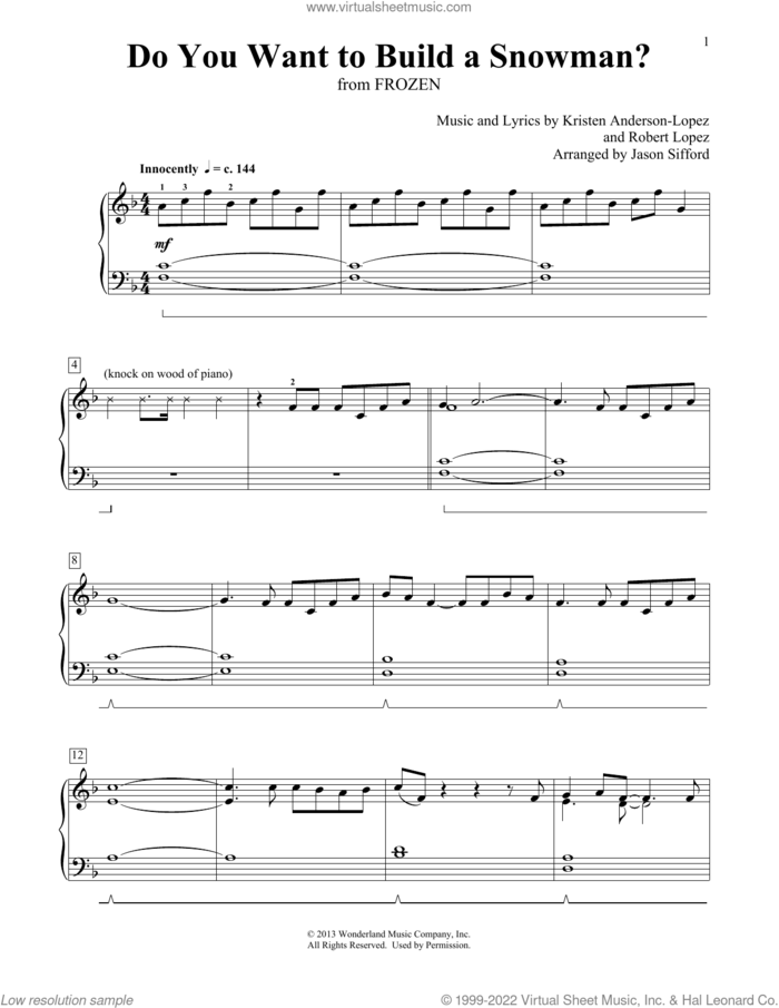 Do You Want To Build A Snowman? (from Frozen) (arr. Jason Sifford) sheet music for piano solo (elementary) by Kristen Bell, Agatha Lee Monn & Katie Lopez, Jason Sifford, Kristen Anderson-Lopez and Robert Lopez, beginner piano (elementary)