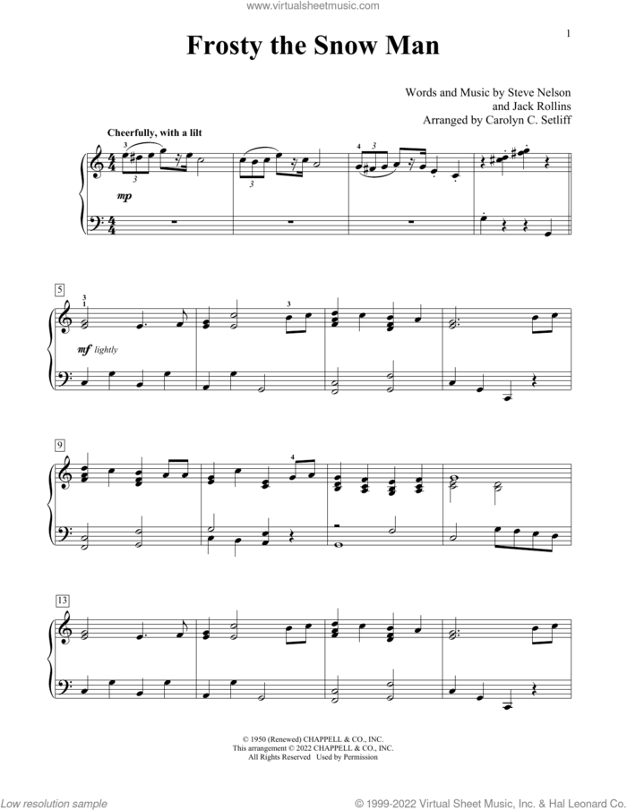 Frosty The Snow Man (arr. Carolyn C. Setliff) sheet music for piano solo (elementary) by Steve Nelson, Carolyn C. Setliff and Jack Rollins, beginner piano (elementary)
