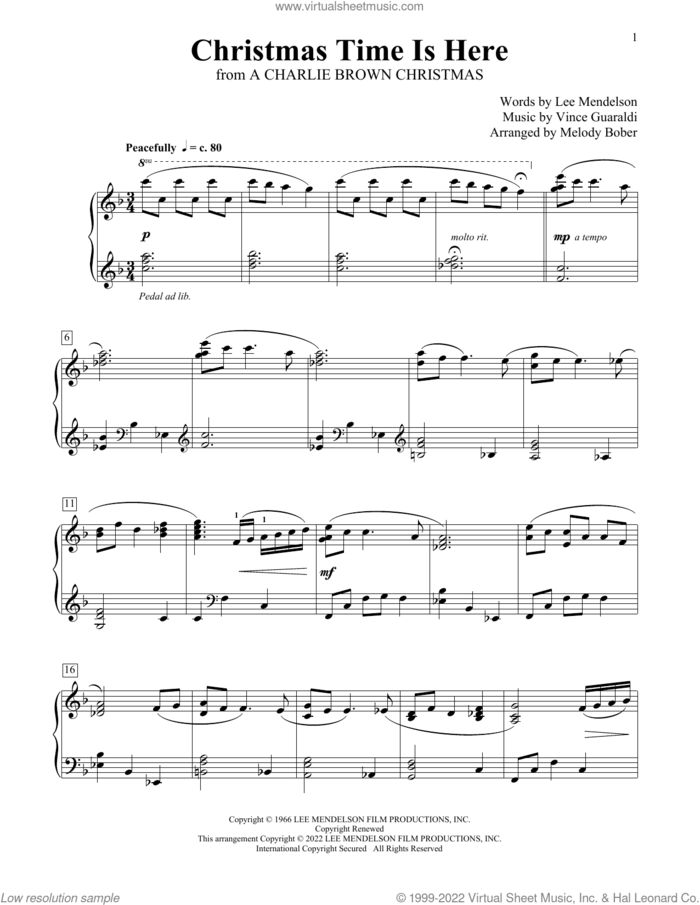 Christmas Time Is Here (from A Charlie Brown Christmas) (arr. Melody Bober) sheet music for piano solo (elementary) by Vince Guaraldi, Melody Bober and Lee Mendelson, beginner piano (elementary)