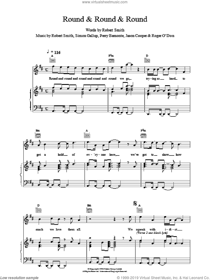 Round and Round and Round sheet music for voice, piano or guitar by The Cure, intermediate skill level