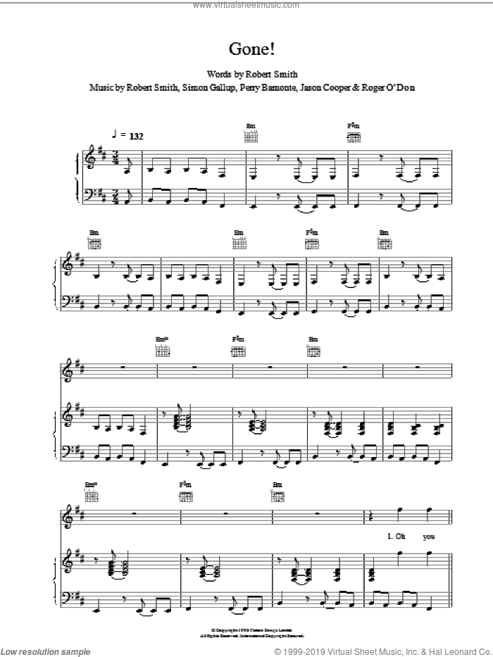 Gone! sheet music for voice, piano or guitar by The Cure, intermediate skill level