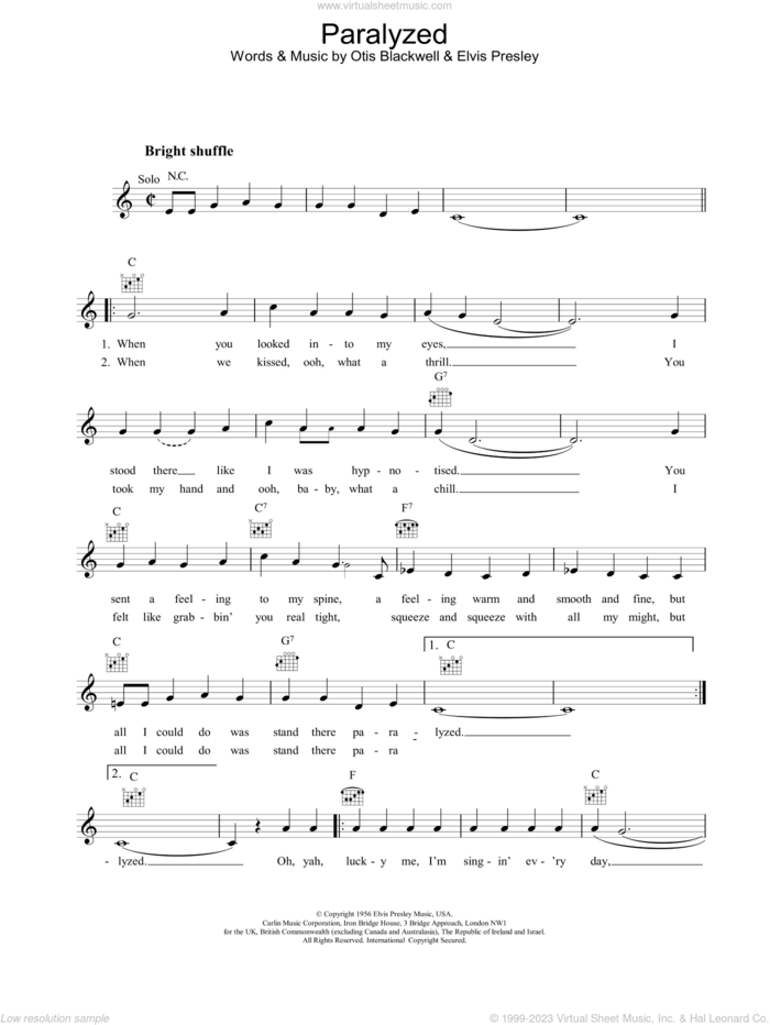 Paralyzed sheet music for voice and other instruments (fake book) by Elvis Presley and Otis Blackwell, intermediate skill level