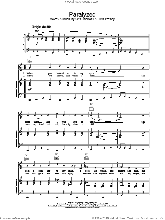 Paralyzed sheet music for voice, piano or guitar by Elvis Presley and Otis Blackwell, intermediate skill level