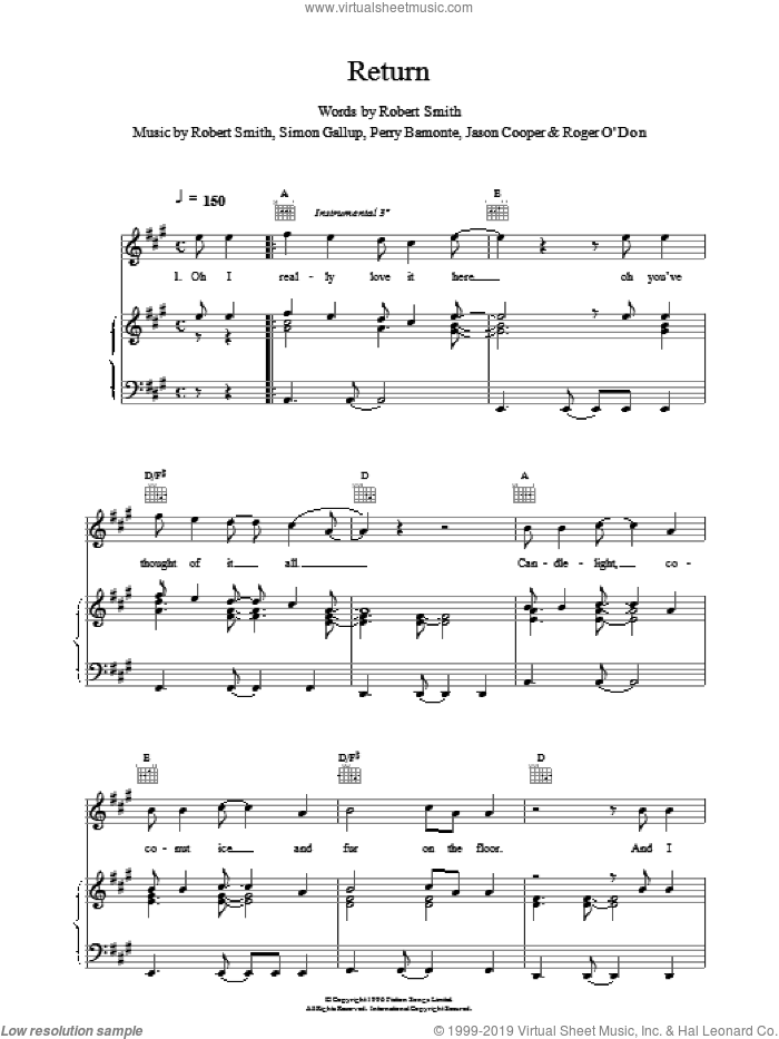 Return sheet music for voice, piano or guitar by The Cure, intermediate skill level