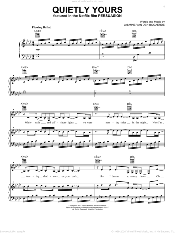 Quietly Yours (from Persuasion) sheet music for voice, piano or guitar by Birdy and Jasmine Van Den Bogaerde, intermediate skill level