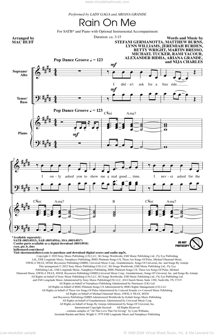 Rain On Me (arr. Mac Huff) sheet music for choir (SATB: soprano, alto, tenor, bass) by Lady Gaga & Ariana Grande, Mac Huff, Ariana Grande, Betty Wright, Jeremiah Burden, Lady Gaga, Lynn Williams, Martin Bresso, Matthew Burns, Michael Tucker, Nija Charles and Rami, intermediate skill level