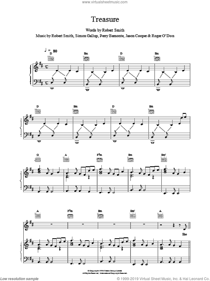 Treasure sheet music for voice, piano or guitar by The Cure, intermediate skill level