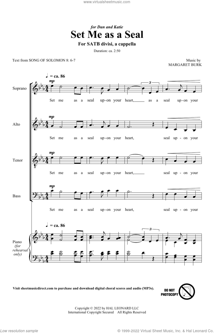 Set Me As A Seal sheet music for choir (SATB: soprano, alto, tenor, bass) by Margaret Burk and Song Of Solomon 8:6-7, intermediate skill level