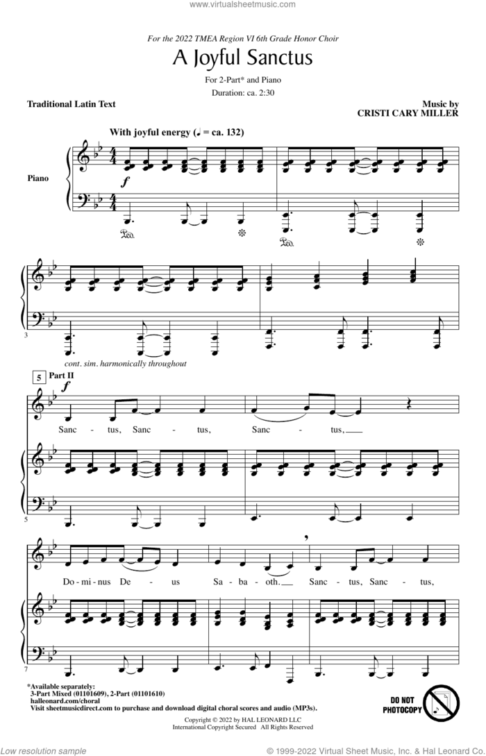 A Joyful Sanctus sheet music for choir (2-Part) by Cristi Cary Miller and Miscellaneous, intermediate duet