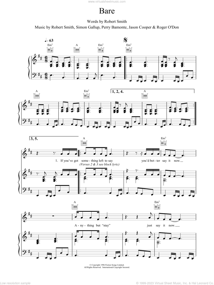 Bare sheet music for voice, piano or guitar by The Cure, intermediate skill level