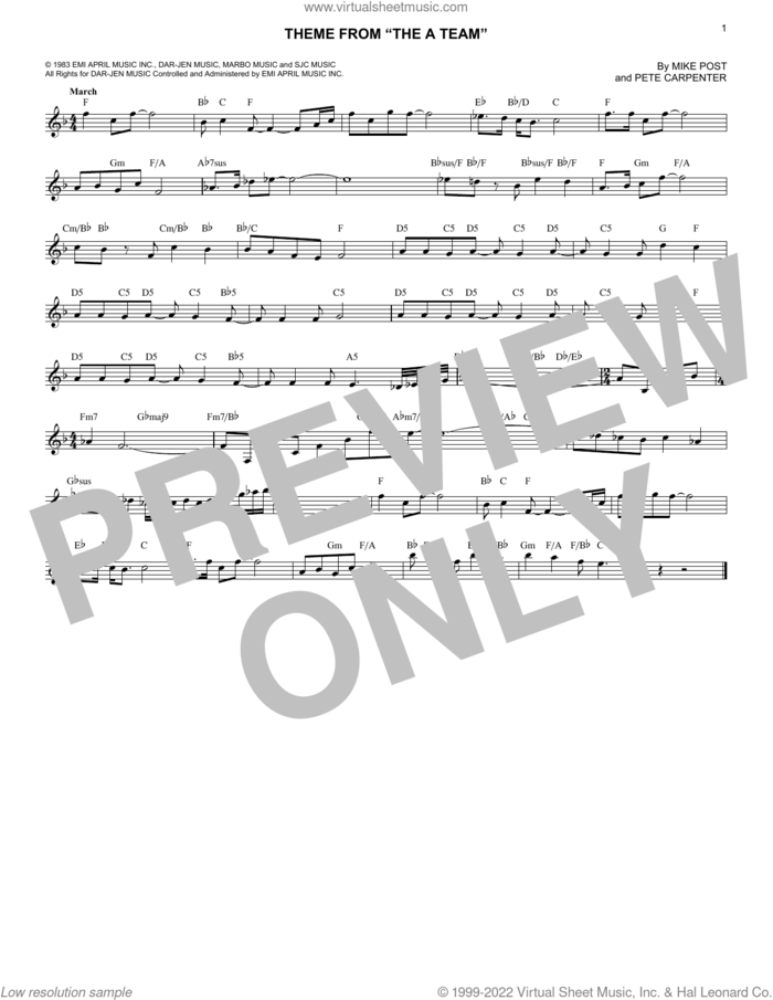 Theme from The A Team sheet music for voice and other instruments (fake book) by Mike Post and Pete Carpenter, intermediate skill level