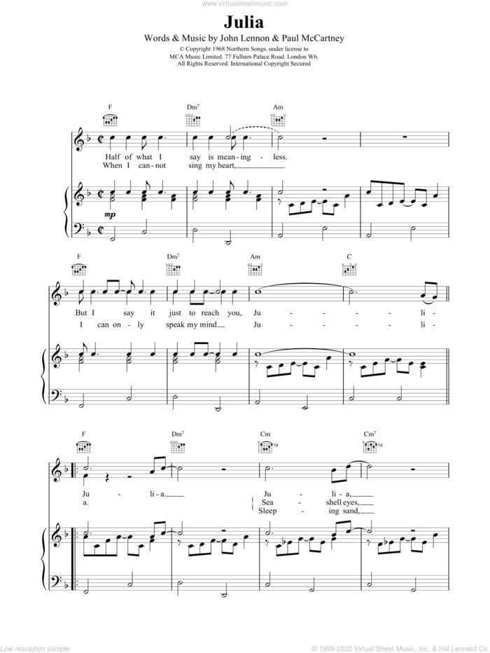 Julia sheet music for voice, piano or guitar by The Beatles, intermediate skill level