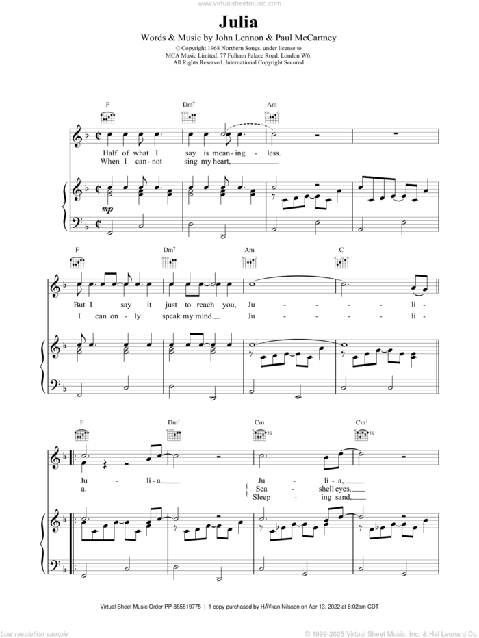 Julia sheet music for voice, piano or guitar by The Beatles, intermediate skill level