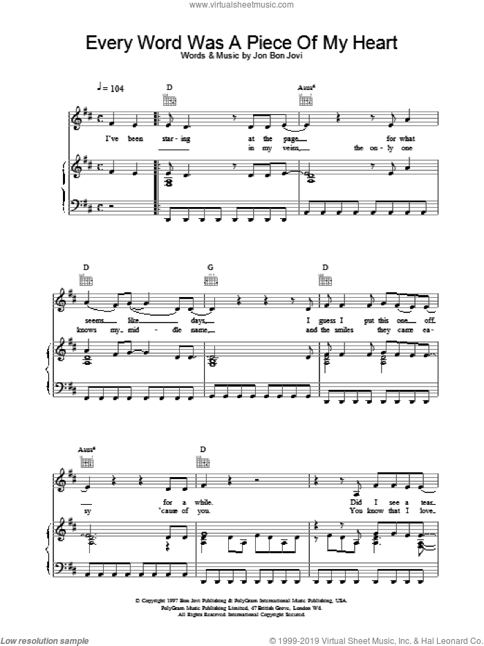 Every Word Was A Piece Of My Heart sheet music for voice, piano or guitar by Bon Jovi, intermediate skill level