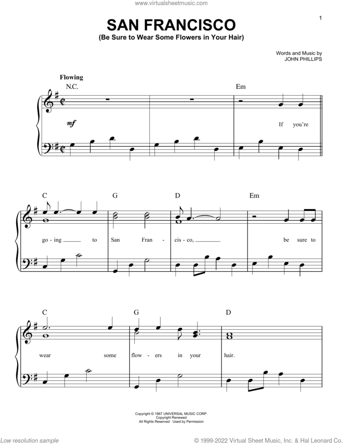 San Francisco (Be Sure To Wear Some Flowers In Your Hair) sheet music for piano solo by Scott McKenzie and John Phillips, easy skill level