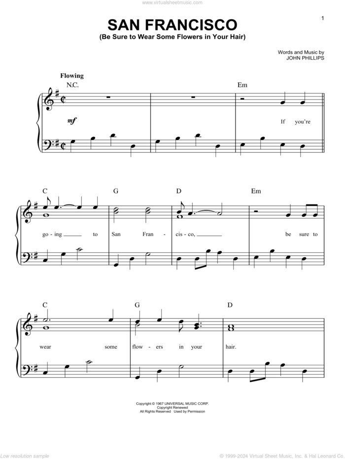 San Francisco (Be Sure To Wear Some Flowers In Your Hair) sheet music for piano solo by Scott McKenzie and John Phillips, easy skill level