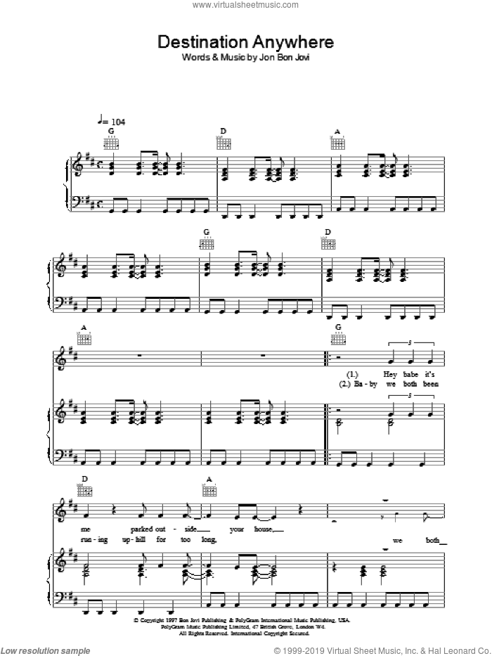 Destination Anywhere sheet music for voice, piano or guitar by Bon Jovi, intermediate skill level