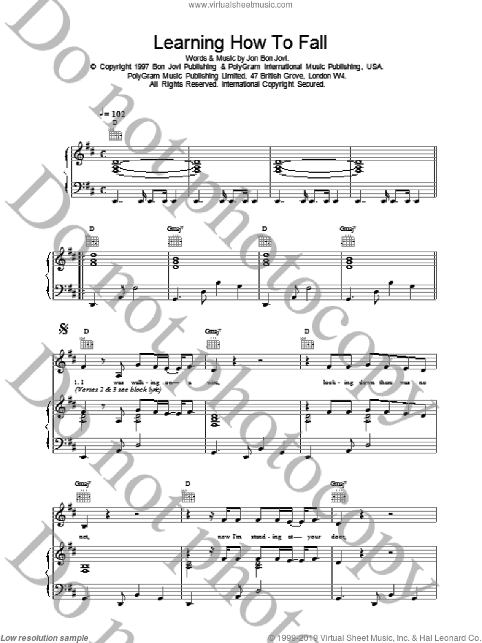 Learning How To Fall sheet music for voice, piano or guitar by Bon Jovi, intermediate skill level