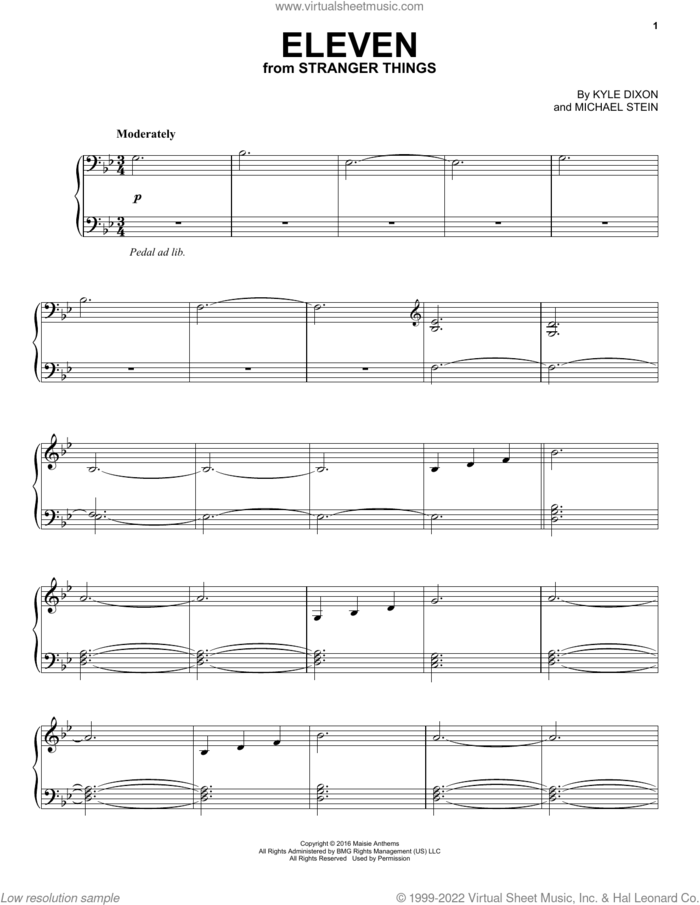 Eleven (from Stranger Things) sheet music for piano solo by Kyle Dixon & Michael Stein, Kyle Dixon and Michael Stein, intermediate skill level