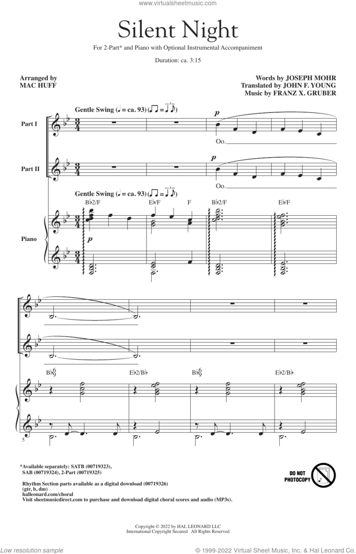 Silent Night (arr. Mac Huff) sheet music for choir (2-Part) by Franz Gruber, Mac Huff, John F. Young and Joseph Mohr, intermediate duet