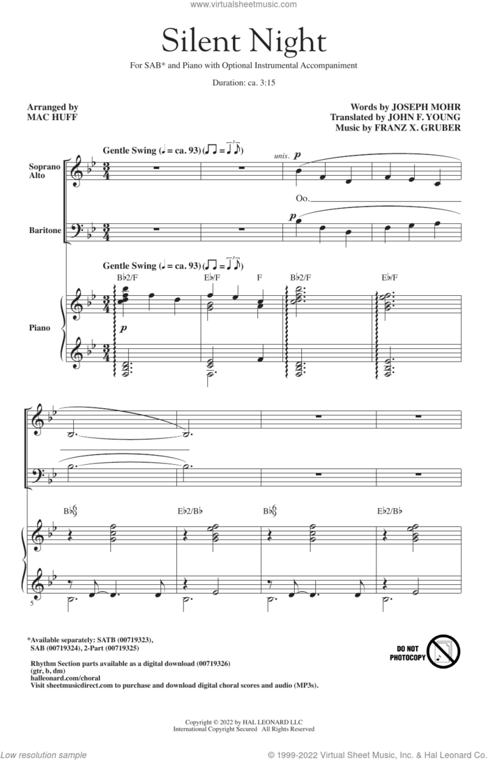 Silent Night (arr. Mac Huff) sheet music for choir (SAB: soprano, alto, bass) by Franz Gruber, Mac Huff, John F. Young and Joseph Mohr, intermediate skill level