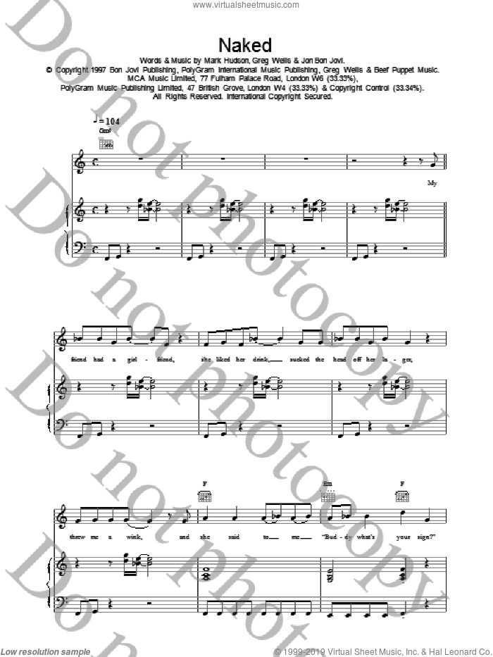 Naked sheet music for voice, piano or guitar by Bon Jovi, intermediate skill level