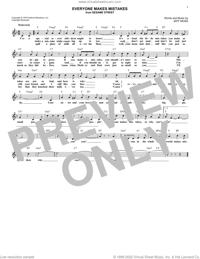 Everyone Makes Mistakes (from Sesame Street) sheet music for voice and other instruments (fake book) by Jeff Moss, intermediate skill level