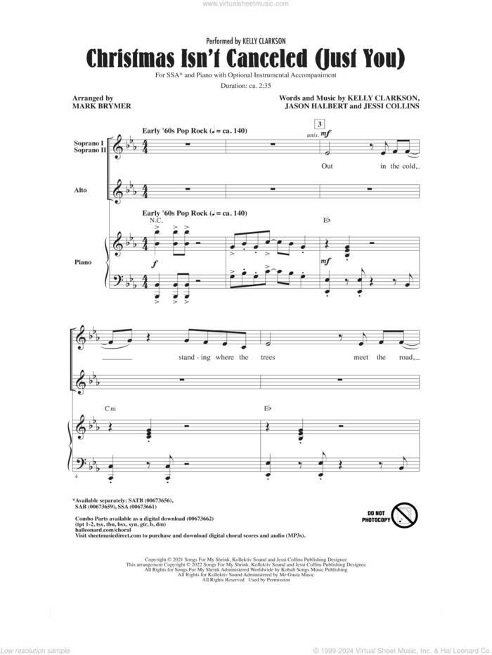 Christmas Isn't Canceled (Just You) (arr. Mark Brymer) sheet music for choir (SSA: soprano, alto) by Kelly Clarkson, Mark Brymer, Jason Halbert and Jessi Collins, intermediate skill level