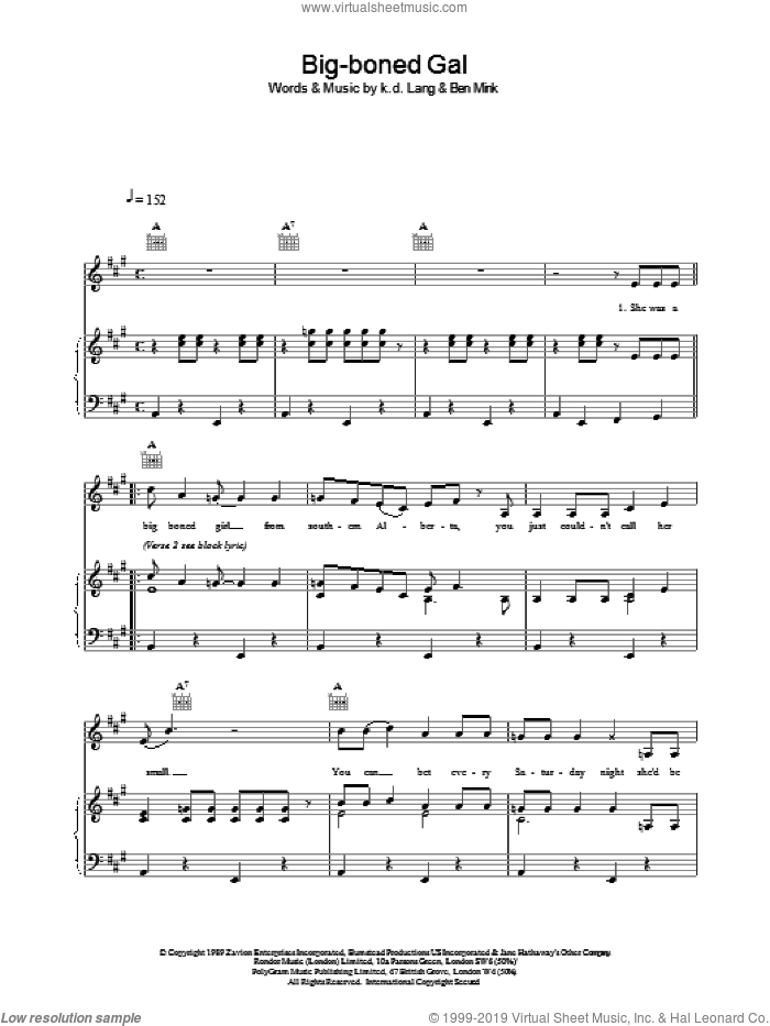 Big-boned Gal sheet music for voice, piano or guitar by K.D. Lang, intermediate skill level