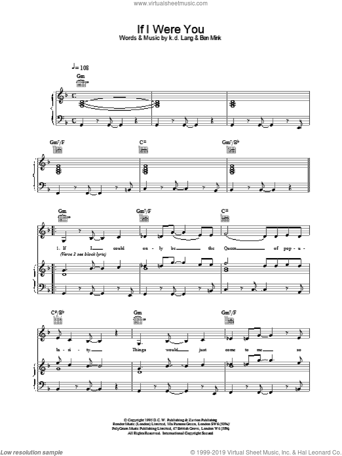 If I Were You sheet music for voice, piano or guitar by K.D. Lang, intermediate skill level