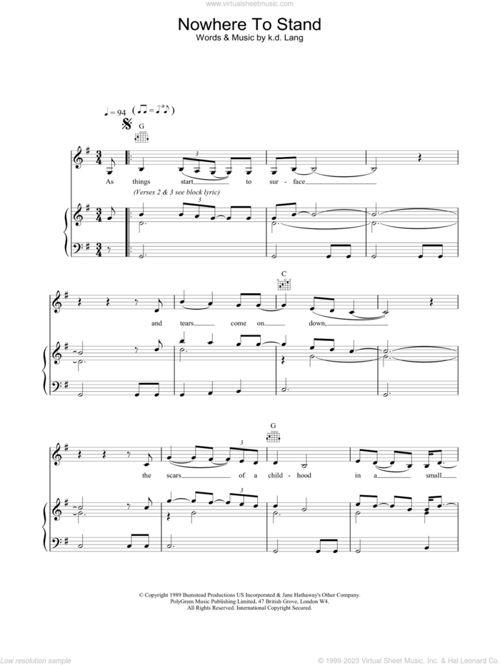 Nowhere To Stand sheet music for voice, piano or guitar by K.D. Lang, intermediate skill level