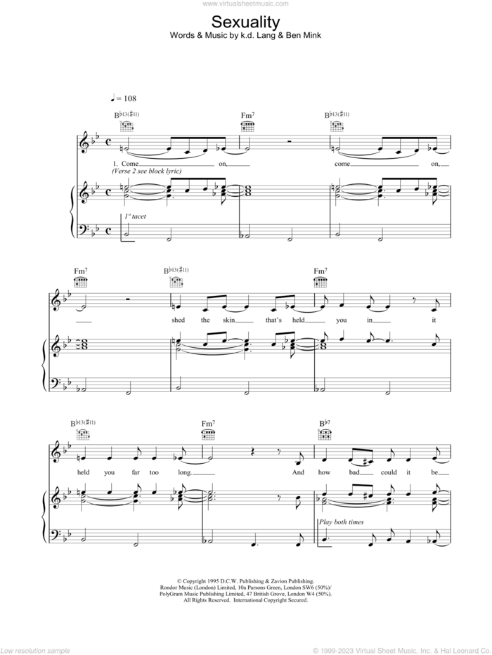 Sexuality sheet music for voice, piano or guitar by K.D. Lang, intermediate skill level