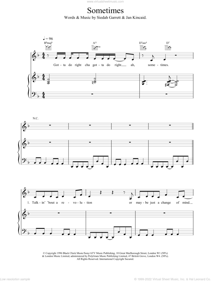 Sometimes sheet music for voice, piano or guitar by Brand New Heavies, intermediate skill level