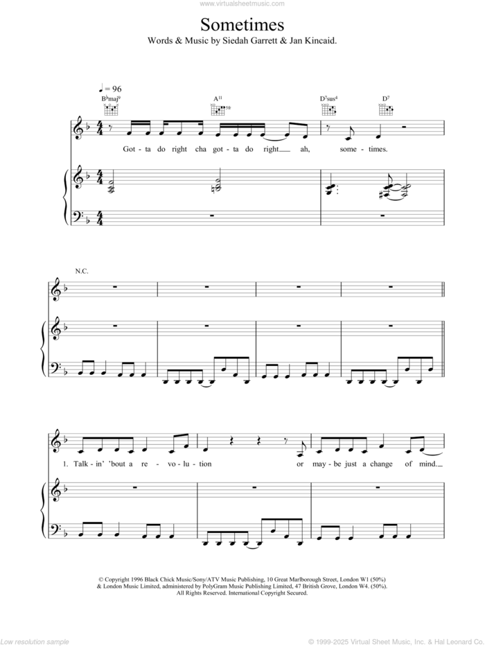 Sometimes sheet music for voice, piano or guitar by Brand New Heavies, intermediate skill level