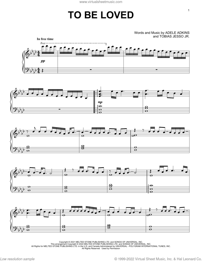 To Be Loved, (intermediate) sheet music for piano solo by Adele, Adele Adkins and Tobias Jesso Jr., intermediate skill level