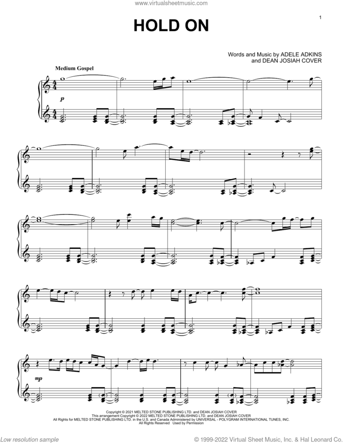 Hold On, (intermediate) sheet music for piano solo by Adele, Adele Adkins and Dean Josiah Cover, intermediate skill level