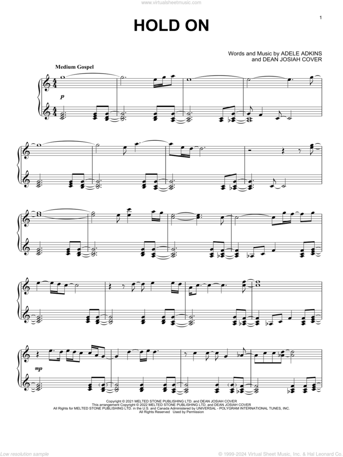 Hold On, (intermediate) sheet music for piano solo by Adele, Adele Adkins and Dean Josiah Cover, intermediate skill level