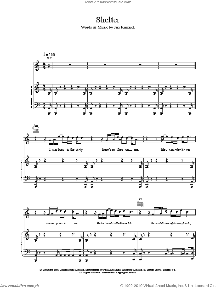 Shelter sheet music for voice, piano or guitar by Brand New Heavies, intermediate skill level
