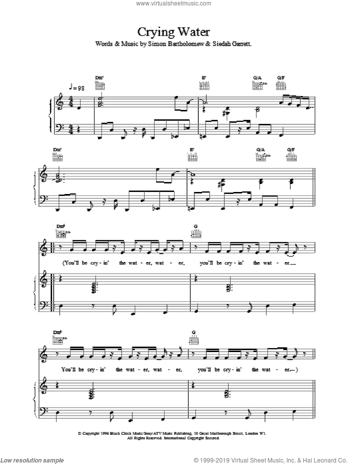 Crying Water sheet music for voice, piano or guitar by Brand New Heavies, intermediate skill level