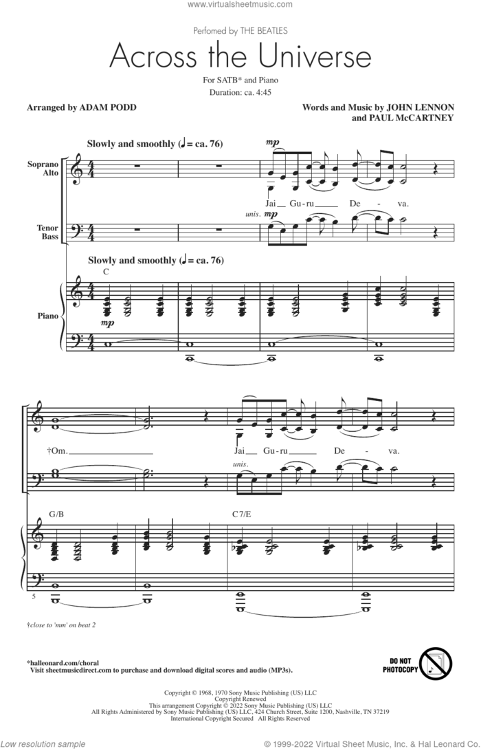 Across The Universe (arr. Adam Podd) sheet music for choir (SATB: soprano, alto, tenor, bass) by The Beatles, Adam Podd, John Lennon and Paul McCartney, intermediate skill level