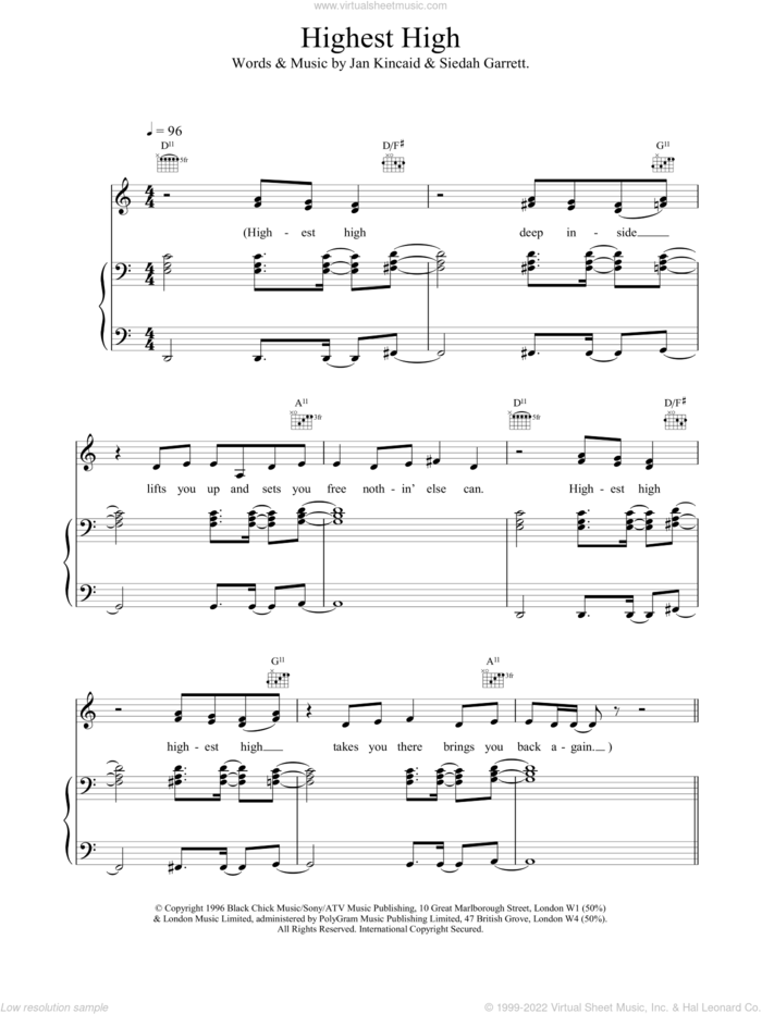 Highest High sheet music for voice, piano or guitar by Brand New Heavies, intermediate skill level