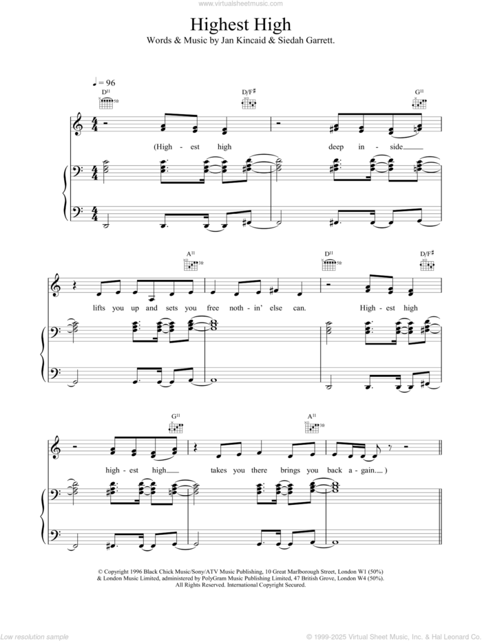 Highest High sheet music for voice, piano or guitar by Brand New Heavies, intermediate skill level